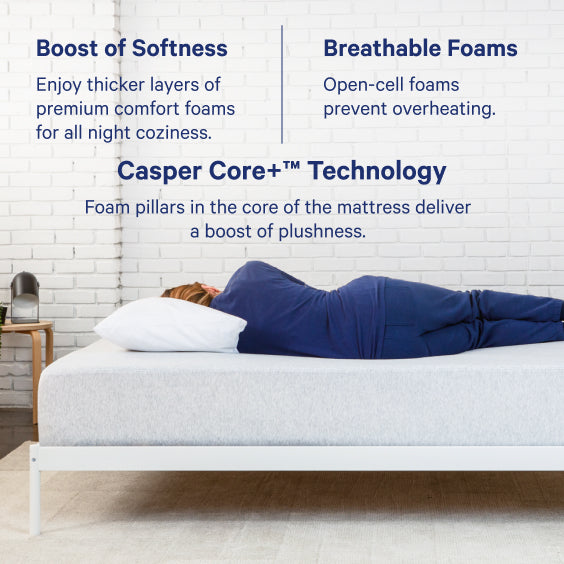 Person lying on a mattress with text about Casper Core+ Technology and comfort features.