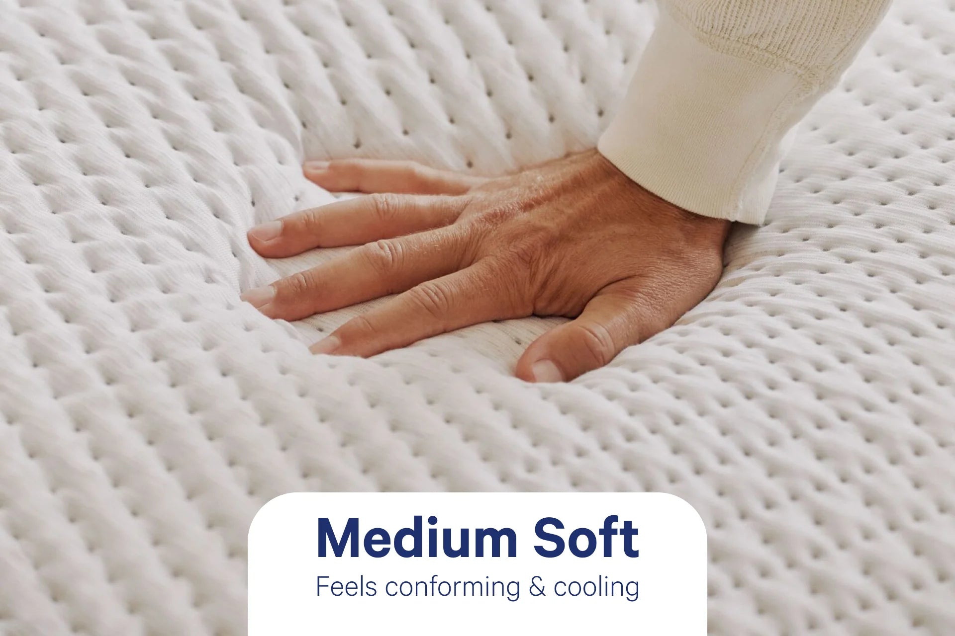 Hand touching a medium soft mattress topper with text indicating its comfort level.