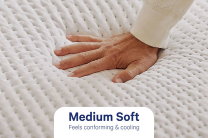 Hand touching a medium soft mattress topper with text indicating its comfort level.