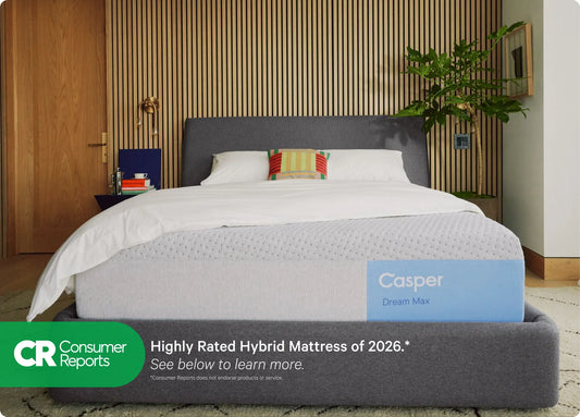 Casper hybrid mattress in a bedroom setting with CR Consumer Reports logo.