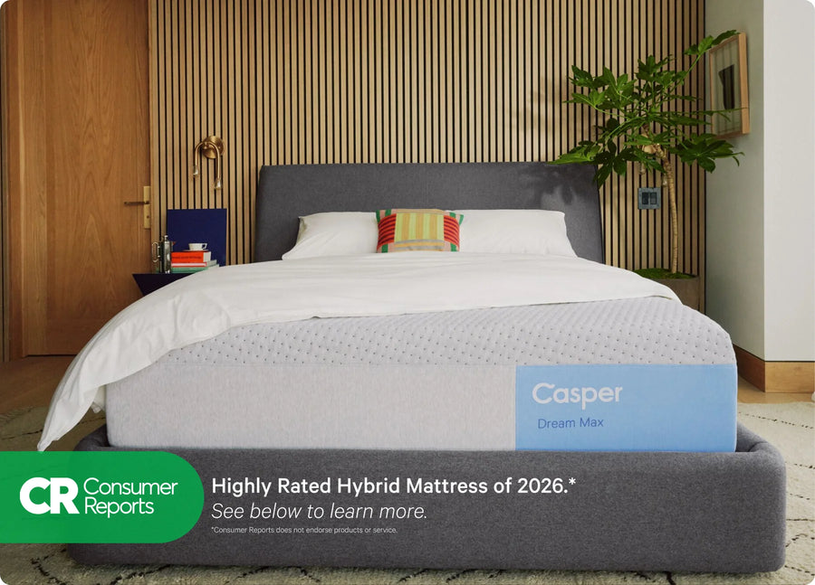 Casper hybrid mattress in a bedroom setting with CR Consumer Reports logo.