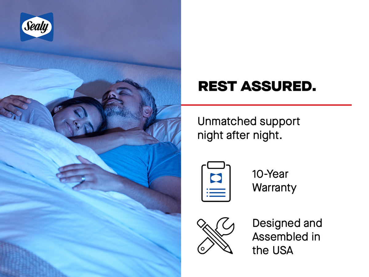 Sealy mattress 10-year warranty; designed and assembled in the USA