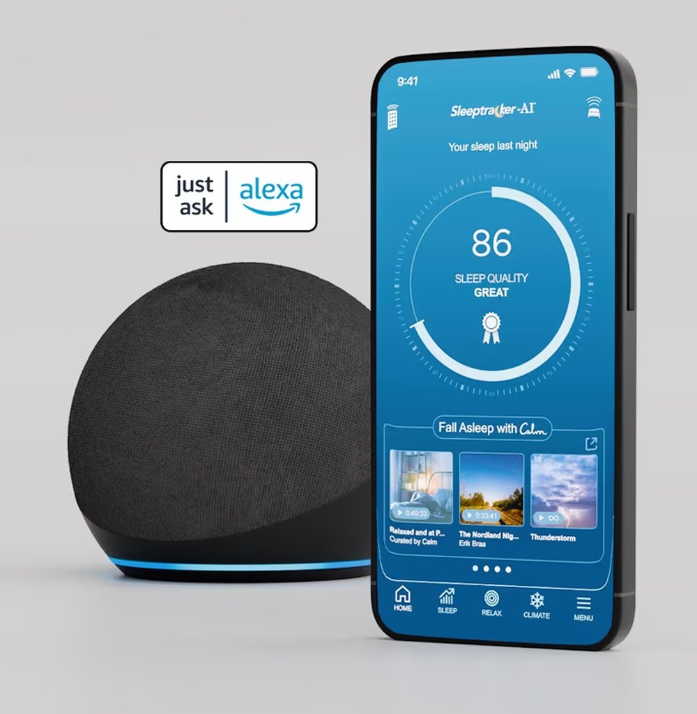 The Sleeptracker-AI app showing a nightly sleep score of 86 and Calm relaxation content, beside a voice assistant speaker