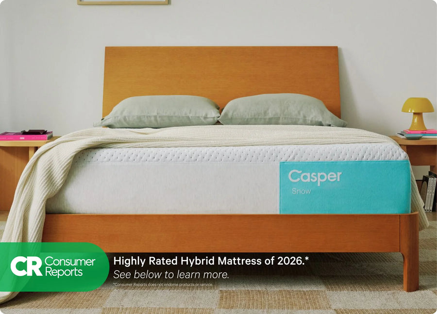Casper hybrid mattress on a bed with a wooden headboard and CR Consumer Reports logo.